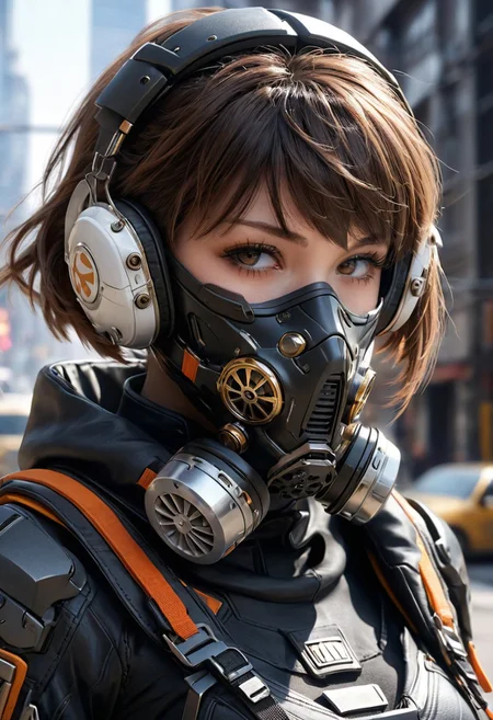 detailed photorealistic image, masterpiece, <lora:add-detail-xl:1>, great lighting, detailed face, sharp focus on face, BREAK, 1girl, solo, looking at viewer, short hair, bangs, respirator, headgear, city battlefield, science fiction, covered mouth, mechanical ears, photography, closeup of face