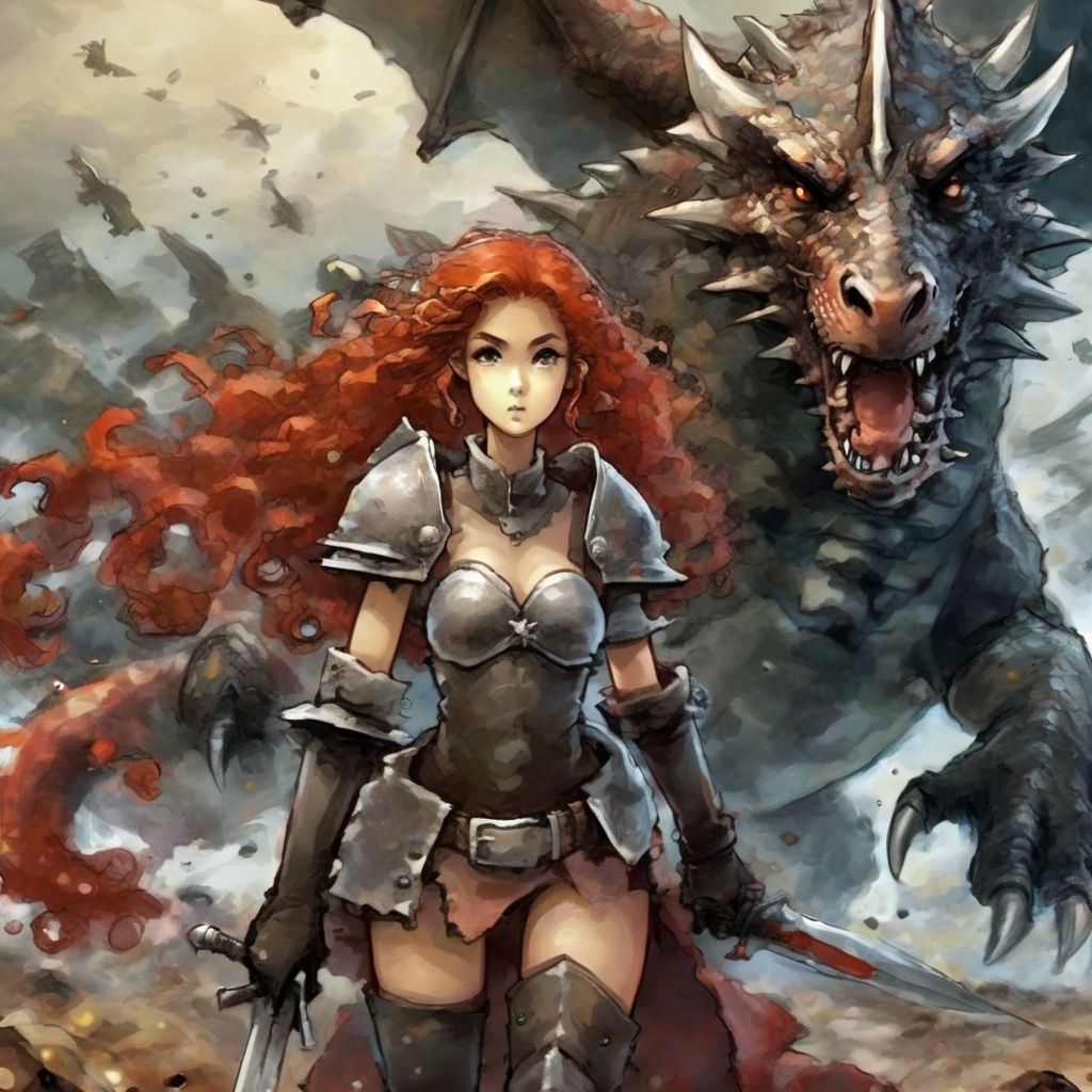 artmix04 beautiful warrior girl with long curly red hair on the battlefield with dragon in the background, very detailed<lora:artmix04:1>
