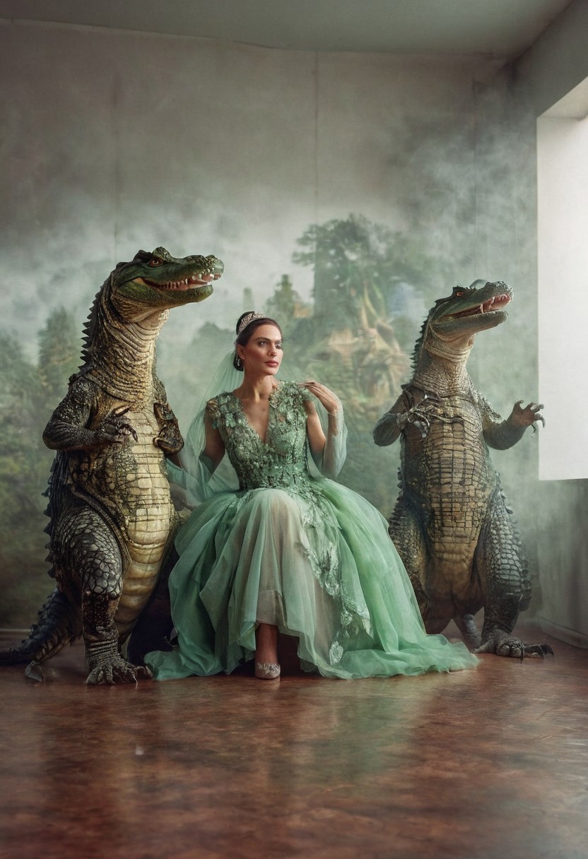 their peaks veiled photography, high detail, hyperrealistic, white wall background, three people, friendly crocodile in a dress, studio lighting in mist. mixed media, surrealism, great lighting, A surreal landscape highly detailed . extremely high-resolution details,  appears trapped in an optical illusion of reflections and refractions colorful , professional photography, natural lighting, volumetric lighting maximalist. intricately detailed, complex, elegant, expansive, fantastical, film photography style,  heavy grain