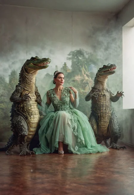 their peaks veiled photography, high detail, hyperrealistic, white wall background, three people, friendly crocodile in a dress, studio lighting in mist. mixed media, surrealism, great lighting, A surreal landscape highly detailed . extremely high-resolution details,  appears trapped in an optical illusion of reflections and refractions colorful , professional photography, natural lighting, volumetric lighting maximalist. intricately detailed, complex, elegant, expansive, fantastical, film photography style,  heavy grain