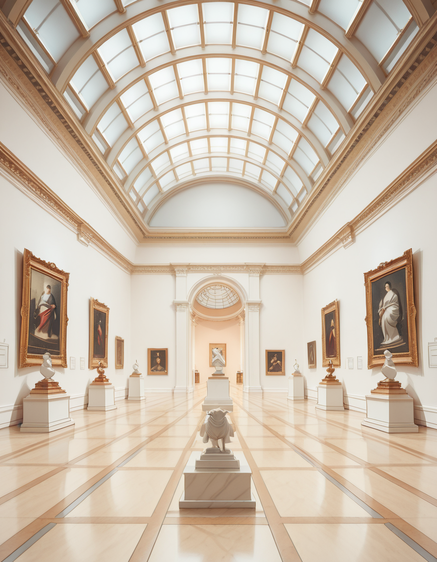 A high-resolution photograph of the interior of a grand art museum, featuring vast halls with high ceilings, intricate architectural details, and polished marble floors. The museum is illuminated by soft, natural light filtering through large arched windows, casting gentle shadows on the walls adorned with classical and modern paintings in ornate golden frames. In the center, a marble sculpture stands on a pedestal, surrounded by velvet ropes. Visitors walk around, some admiring the artwork, others engaged in quiet discussions. The atmosphere is serene and intellectual, with a warm color palette of beige, gold, and deep reds enhancing the elegance of the scene. The perspective is wide-angle, capturing the depth and scale of the museum, evoking a sense of awe and admiration.
<lora:SDXLFaeTastic2400:0.4> <lora:extremely_detailed:0.4> extremely detailed,art mus3um, <lora:art_mus3um-i:1>, Masterpiece,best quality,hi res,8k,hi res,8k,award winning,(sharp focus, intricate, highly detailed),