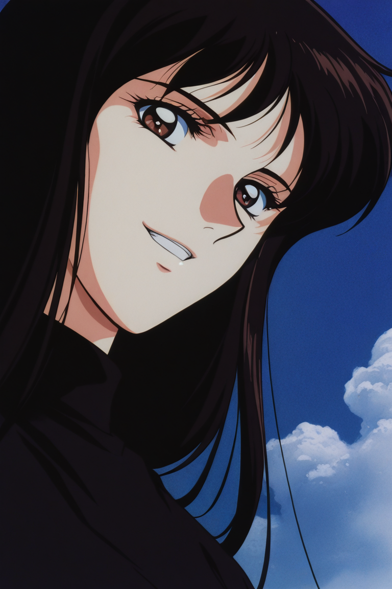 masterpiece, best quality, source_anime,official art,perfect_anatomy,1990s_\(style\),retro_artstyle,1girl,Jun_Fudo,brown_eyes,black_hair,long_hair,bangs,black_shirt,(detailed face,looking_at_viewer,grin),upper_body,blue_sky,cloud