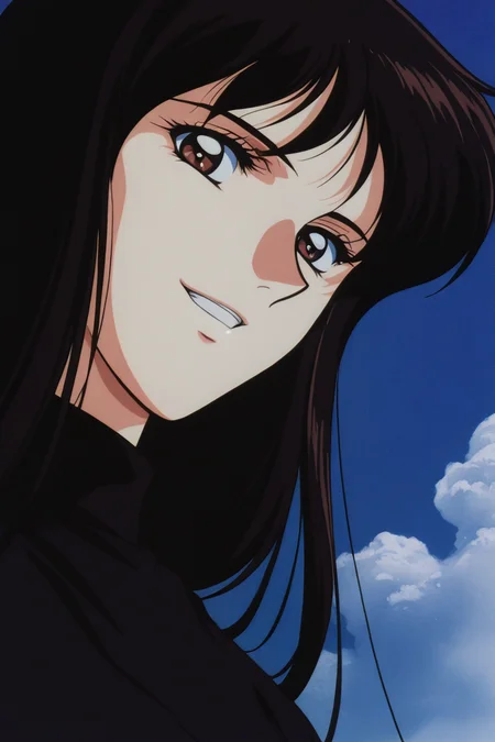 masterpiece, best quality, source_anime,official art,perfect_anatomy,1990s_\(style\),retro_artstyle,1girl,Jun_Fudo,brown_eyes,black_hair,long_hair,bangs,black_shirt,(detailed face,looking_at_viewer,grin),upper_body,blue_sky,cloud