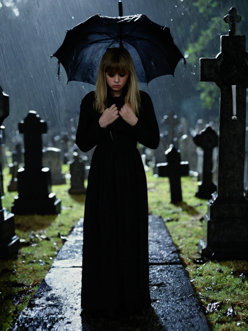 Cinematic fashion photograph  Adeera_Addams_P_MXAI_SDXL , tearful sad expression, "ready-for-a-funeral", black dress, looking down, in a rainy graveyard at dusk, ((full body shot)),  PA7_Portrait-FL