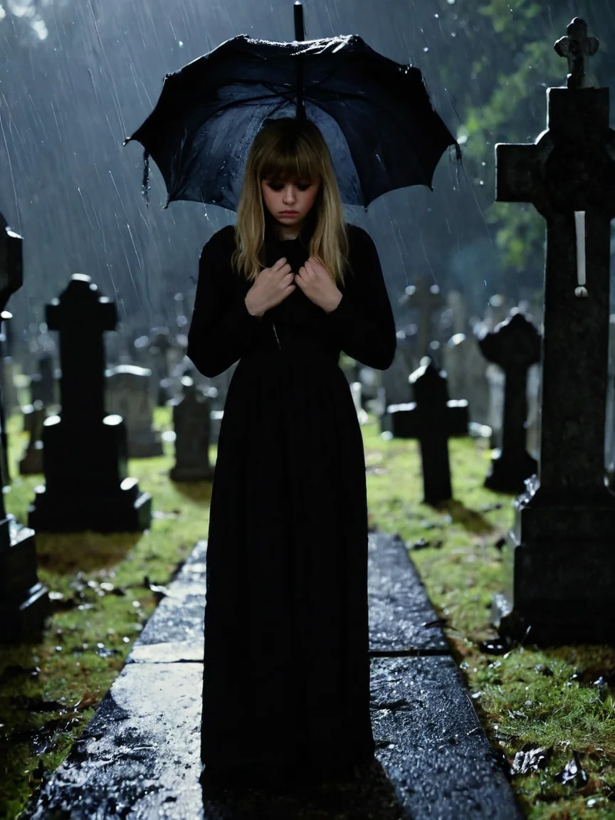 Cinematic fashion photograph Adeera_Addams_P_MXAI_SDXL , tearful sad expression, "ready-for-a-funeral", black dress, looking down, in a rainy graveyard at dusk, ((full body shot)), PA7_Portrait-FL