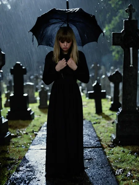 Cinematic fashion photograph Adeera_Addams_P_MXAI_SDXL , tearful sad expression, "ready-for-a-funeral", black dress, looking down, in a rainy graveyard at dusk, ((full body shot)), PA7_Portrait-FL