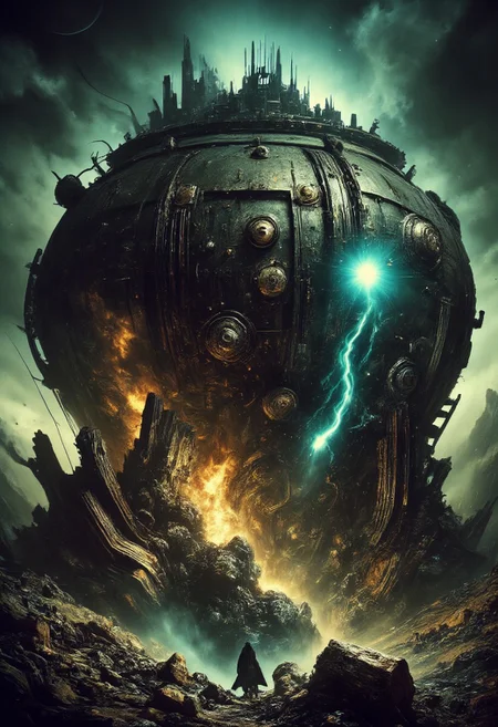 high-contrast palette, highly detailed, cinematic, modern art, high-contrast palette, timeless feeling, cinematic quality ||  The Great Flood, strange machines, ancient civilization || steampunk, dieselpunk, science fiction, scenery, probably built in the 1950s, Fallout style, F@nt@sy CFH