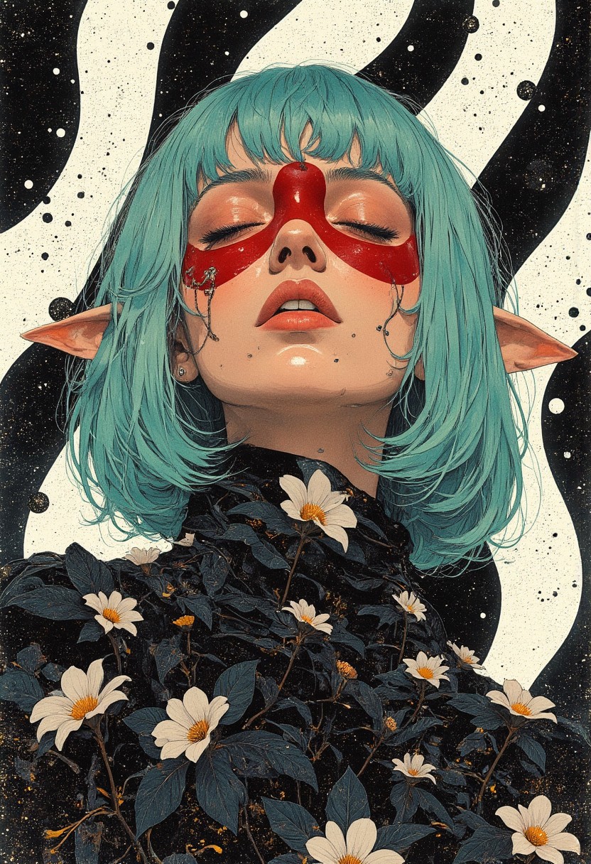 (*highly stylized, hyperrealistic photograph, surreal aesthetic, avant-garde, fantasy theme*) A person with a medium skin tone and a vibrant teal bob haircut with blunt bangs. Their face features bold, abstract makeup with a deep crimson circular patch on the forehead, sharply contrasting their skin. A small gold nose ring and a septum piercing enhance the avant-garde look. Their eyes are closed, framed by long, thick eyelashes.  
They wear large, pointed elf ears, emphasizing a fantasy-inspired theme. They are adorned with or holding a flowing, textured fabric made of delicate, jet-black petals, contrasting with their bold makeup and hair.  
(*digital artwork, abstract pattern, black and white stripes, op art, modern, psychedelic, optical illusion*) The background features a mesmerizing abstract pattern of wavy, sinuous black and white stripes undulating across the entire composition. The bold, thick black stripes contrast sharply against a textured white background with a subtle, speckled pattern resembling a slightly rough, sandy surface. The composition is dynamic and engaging, creating a sense of movement and depth through the interplay of light, shadow, and fluid motion.