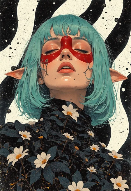(*highly stylized, hyperrealistic photograph, surreal aesthetic, avant-garde, fantasy theme*) A person with a medium skin tone and a vibrant teal bob haircut with blunt bangs. Their face features bold, abstract makeup with a deep crimson circular patch on the forehead, sharply contrasting their skin. A small gold nose ring and a septum piercing enhance the avant-garde look. Their eyes are closed, framed by long, thick eyelashes.
They wear large, pointed elf ears, emphasizing a fantasy-inspired theme. They are adorned with or holding a flowing, textured fabric made of delicate, jet-black petals, contrasting with their bold makeup and hair.
(*digital artwork, abstract pattern, black and white stripes, op art, modern, psychedelic, optical illusion*) The background features a mesmerizing abstract pattern of wavy, sinuous black and white stripes undulating across the entire composition. The bold, thick black stripes contrast sharply against a textured white background with a subtle, speckled pattern resembling a slightly rough, sandy surface. The composition is dynamic and engaging, creating a sense of movement and depth through the interplay of light, shadow, and fluid motion.
