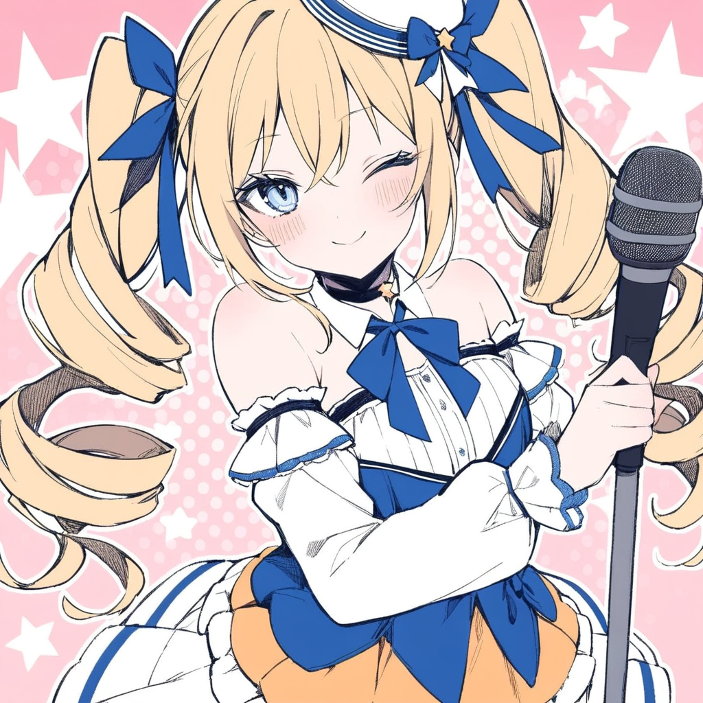 1girl, 
solo, blonde hair, hair ribbon, detached sleeves, choker, frilled dress, frills, long hair, blush, twintails, blue eyes, idol, bow, twin drills, ;\), star \(symbol\), looking at viewer, hair ornament, bowtie, smile, long sleeves, bare shoulders, drill hair, one eye closed, alternate costume, dress, ribbon, index finger raised, microphone, idol clothes, hat, 
masterpiece, best quality,  safe
 <lora:mki-a31-dodosako-v1-000070:1>