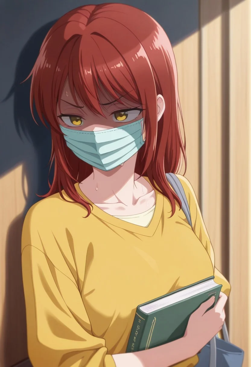 masterpiece,best quality,amazing quality, mitsuya yui, red hair, yellow eyes, long hair, mask, mouth mask, 1girl, surgical mask, book, solo, holding, shaded face, bag, yellow shirt, shirt, sweat, collarbone, watcht