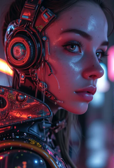 A close-up portrait of a futuristic character with neon reflections . The scene is highly detailed and realistic, capturing the essence of futuristic aesthetics, with intricate elements like atmospheric lights.<lora:bv-cybstyenh-v1.safetensors:1.0:1.0>