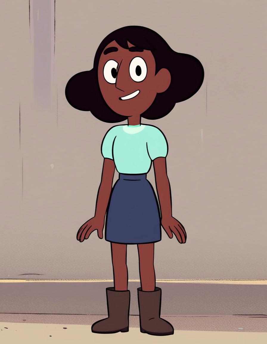 <lora:ConnieMaheswaranPony:1>Connie, solo, boots, short sleeves, short hair, full body, light blue shirt, standing, 1girl,smile,  blue skirt, brown hair, dark-skinned female, dark,score_9, score_8_up, score_7_up, score_6_up, score_5_up, score_4_up, looking at viewer,outdoors, standing,