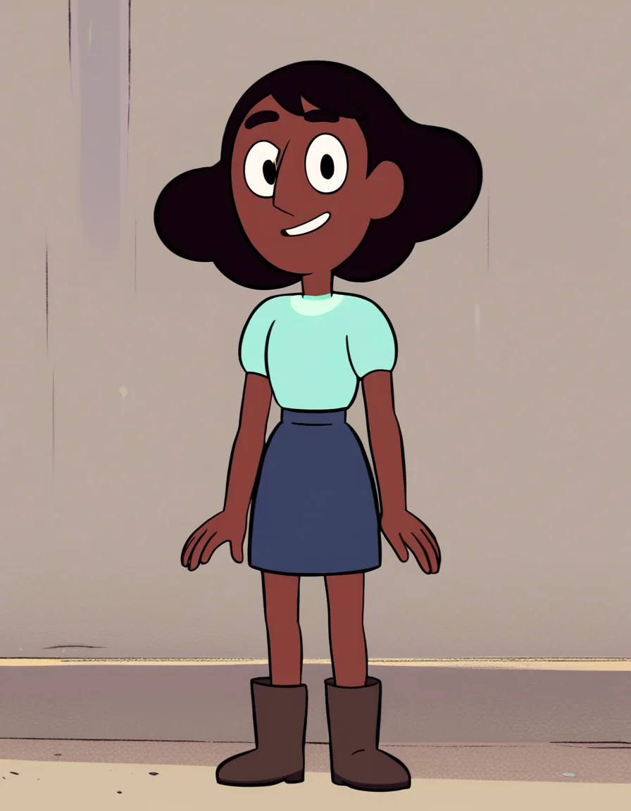 <lora:ConnieMaheswaranPony:1>Connie, solo, boots, short sleeves, short hair, full body, light blue shirt, standing, 1girl,smile,  blue skirt, brown hair, dark-skinned female, dark,score_9, score_8_up, score_7_up, score_6_up, score_5_up, score_4_up, looking at viewer,outdoors, standing,