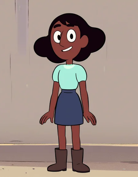 <lora:ConnieMaheswaranPony:1>Connie, solo, boots, short sleeves, short hair, full body, light blue shirt, standing, 1girl,smile, blue skirt, brown hair, dark-skinned female, dark,score_9, score_8_up, score_7_up, score_6_up, score_5_up, score_4_up, looking at viewer,outdoors, standing,