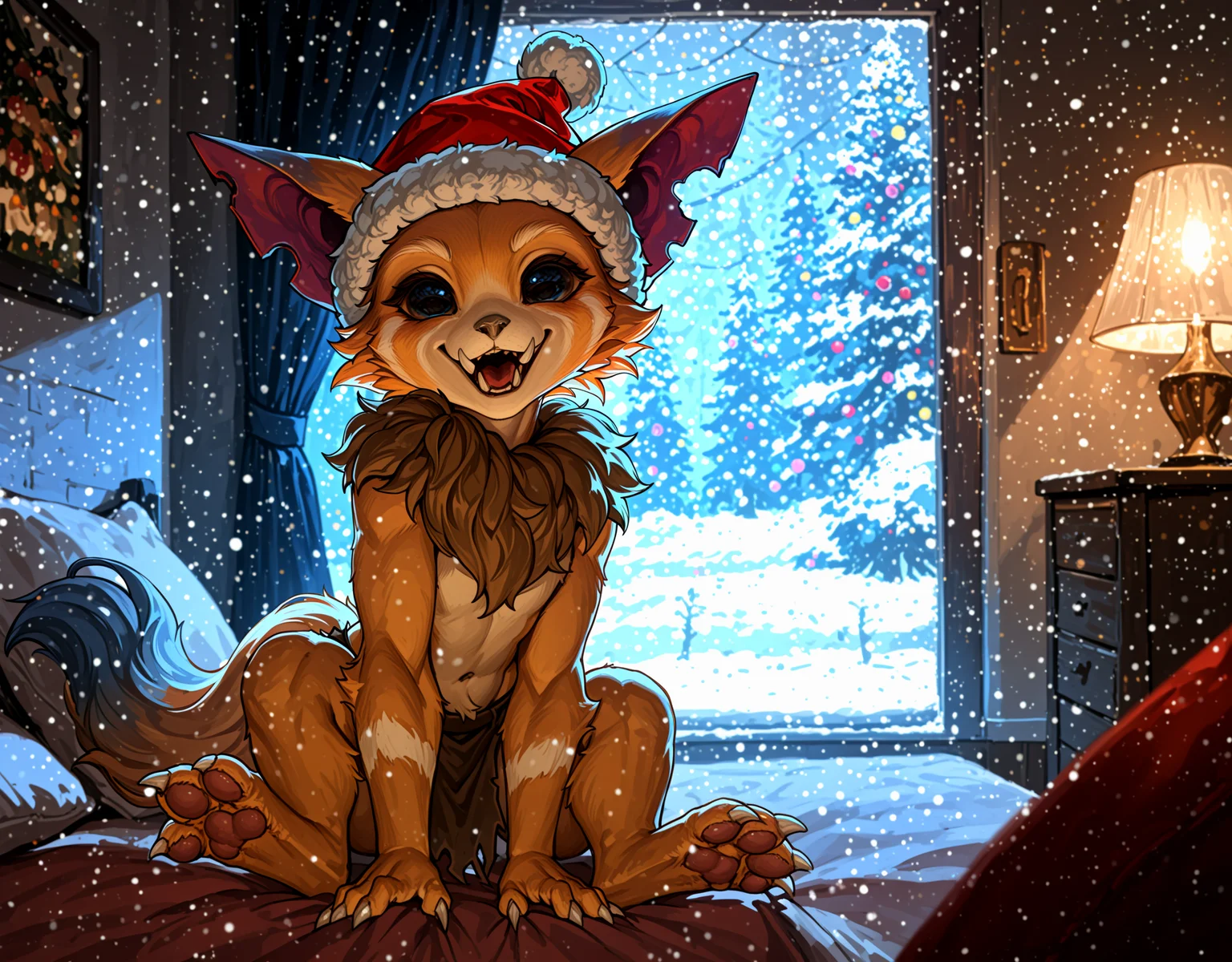 <lora:GnarXLIllustrious-000060:1> Gnar, yordle, fangs, 3 toes, pawpads BREAK
loincloth BREAK
christmas themed, holidays, indoors, winter, christmas hat, BREAK
<lora:spo_sdxl_10ep_4k-data_lora_webui:1> highly detailed, detailed background, absurdres, high resolution, 8K, highres, 4k, 2k, high detail BREAK
masterpiece, best quality, amazing quality, very aesthetic, absurdres, newest, sceneryâââ