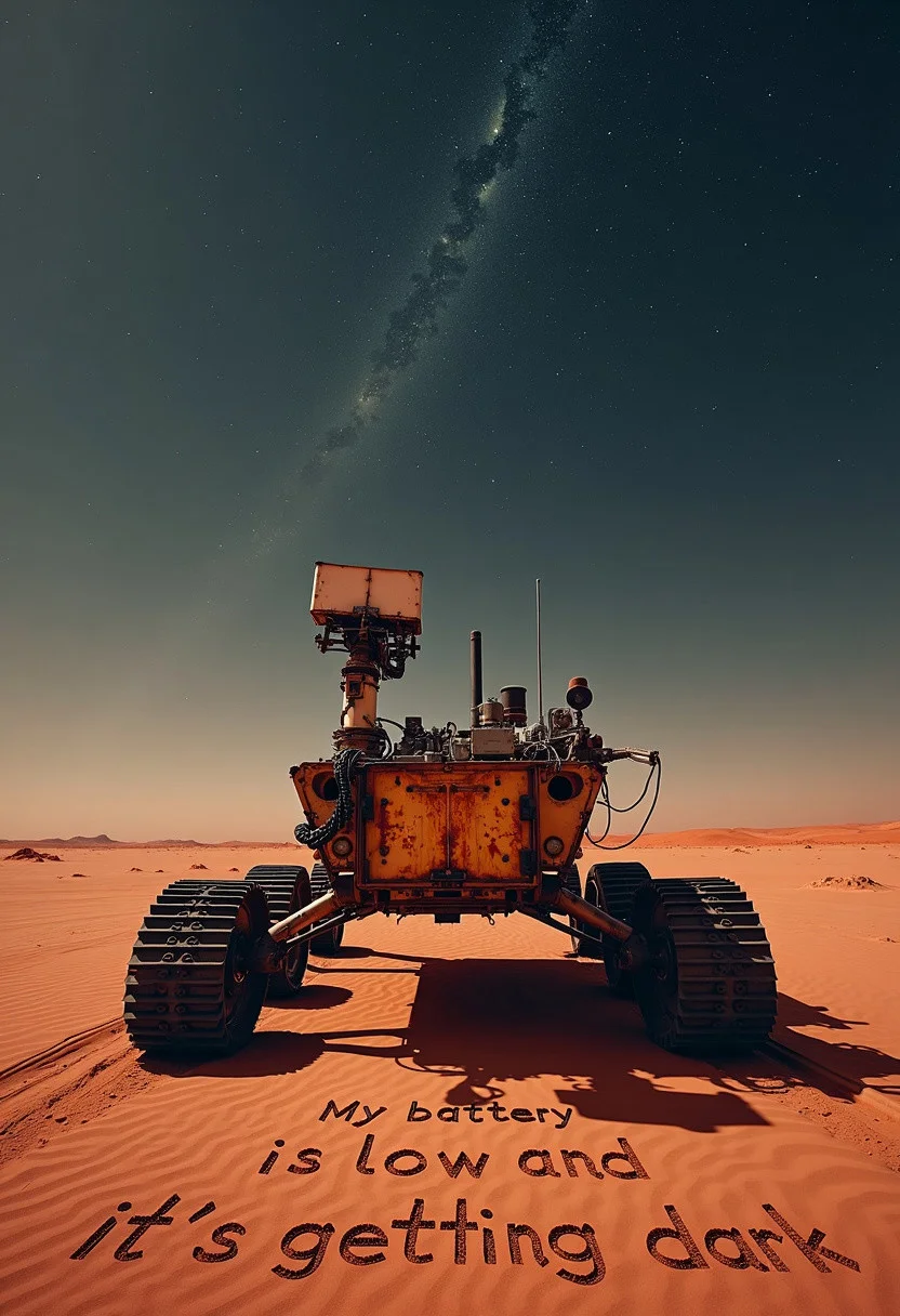 A science fiction photograph front centered view of a mars-rover at a distance, rusty, broken parts, wires, tank tracks on the red dirt, mars desert landscape horizon, red dirt. "My battery is low and it's gEtting dark" traced in the sand.
The background is a night sky, milky way stars in dark sky.