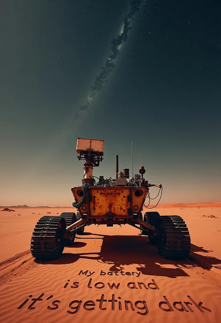 A science fiction photograph front centered view of a mars-rover at a distance, rusty, broken parts, wires, tank tracks on the red dirt, mars desert landscape horizon, red dirt. "My battery is low and it's gEtting dark" traced in the sand.
The background is a night sky, milky way stars in dark sky.
