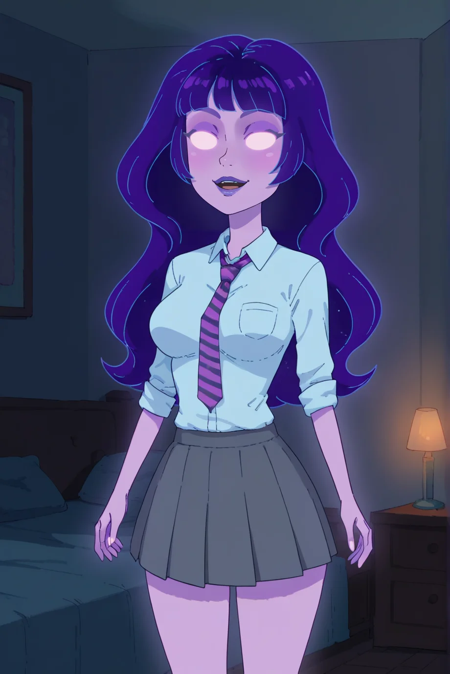 score_9, score_8_up, score_7_up, score_6_up, score_5_up, score_4_up, BREAK source_anime, 1girl, solo,
<lora:SupernovaXL-v2-07:0.75>, ChopioSupernova, purple hair, long hair, glowing, purple skin, glowing eyes, no pupils, purple lips, balls, (looking at viewer:1.2),
alien,
[medium breasts : large breasts: 15], wide hips,
bedroom, standing, light smile, open mouth,
collared shirt, striped necktie, sleeves rolled up, grey skirt, pleated skirt,
<lora:Concept_Dark2:0.8>, dark, night,