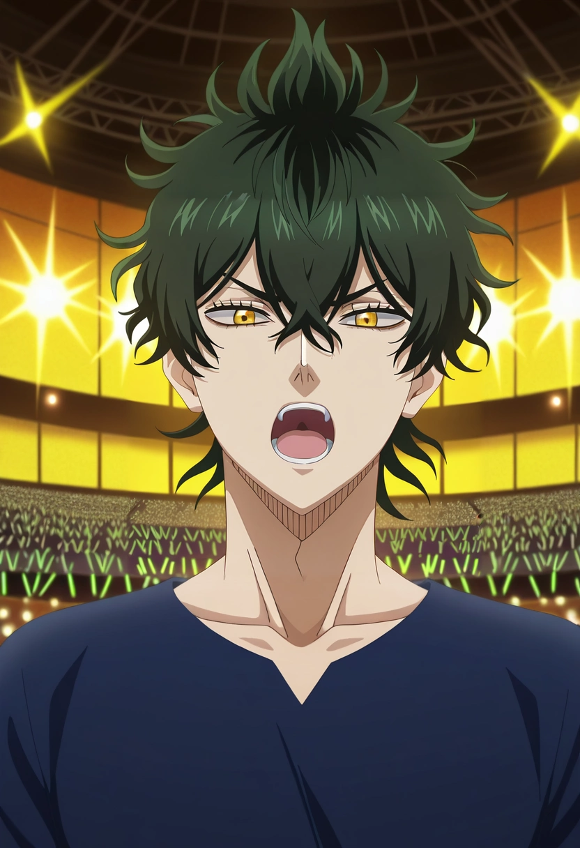 masterpiece, best quality, , anime screencap, anime coloring, official style, looking at viewer, 1boy, solo, male focus, <lora:yuno_black_clover_ilxl:0.96>, yuno_black_clover, black hair, yellow eyes, short hair, hair between eyes, , concert stage, vibrant lights, roaring crowd, thundering speakers, performing pose, passionate expression, electric glow,
