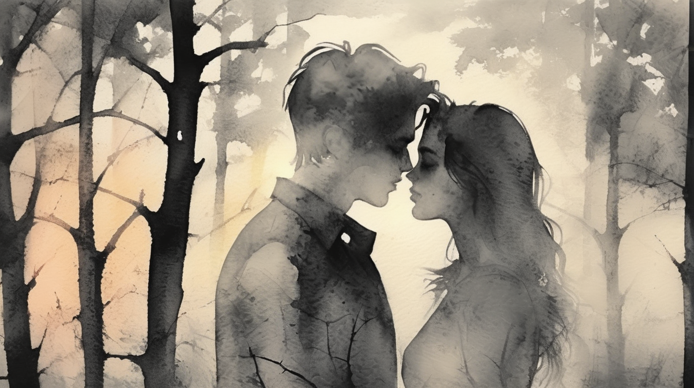 drawix22  boy and girl standing in the forest, lovers facing each other, close-up, old crooked trees in the background, light between them, sunset<lora:drawix22:1>