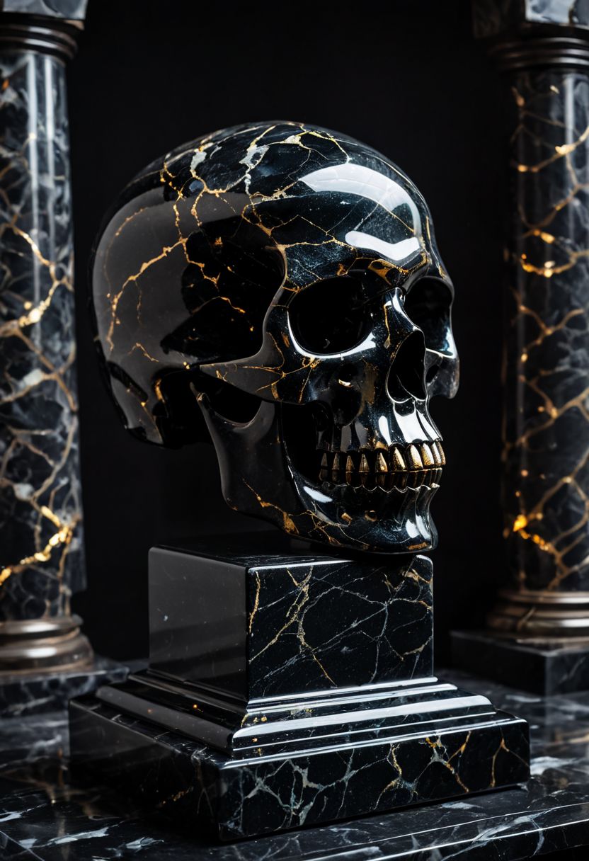 Fujifilm XT3, Sony A7 IV, (award winning photography) a (black: 0.89) marble skull made of opal (Kintsugi: 0.89) set on a pedestal in temple, glistening. in the background beautiful pillars, divine (iridescent: 0.79), opalescent textures, volumetric light, ethereal, sparkling, studio photo, highly detailed, sharp focus (highest quality: 1.39) (highest coherency: 1.39) (award winning photography), highly detailed photography, (muted colors, cinematic, dim colors, soothing tones:1.2), vibrant, insanely detailed, hyperdetailed, (dark shot:1.2), (vsco:0.3), (intricate details:0.9), (hdr, hyperdetailed:1.2) (vignette), sss, raw photo, fijifilm, kodak, cinematic film grain