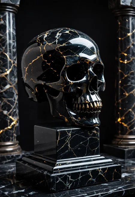 Fujifilm XT3, Sony A7 IV, (award winning photography) a (black: 0.89) marble skull made of opal (Kintsugi: 0.89) set on a pedestal in temple, glistening. in the background beautiful pillars, divine (iridescent: 0.79), opalescent textures, volumetric light, ethereal, sparkling, studio photo, highly detailed, sharp focus (highest quality: 1.39) (highest coherency: 1.39) (award winning photography), highly detailed photography, (muted colors, cinematic, dim colors, soothing tones:1.2), vibrant, insanely detailed, hyperdetailed, (dark shot:1.2), (vsco:0.3), (intricate details:0.9), (hdr, hyperdetailed:1.2) (vignette), sss, raw photo, fijifilm, kodak, cinematic film grain