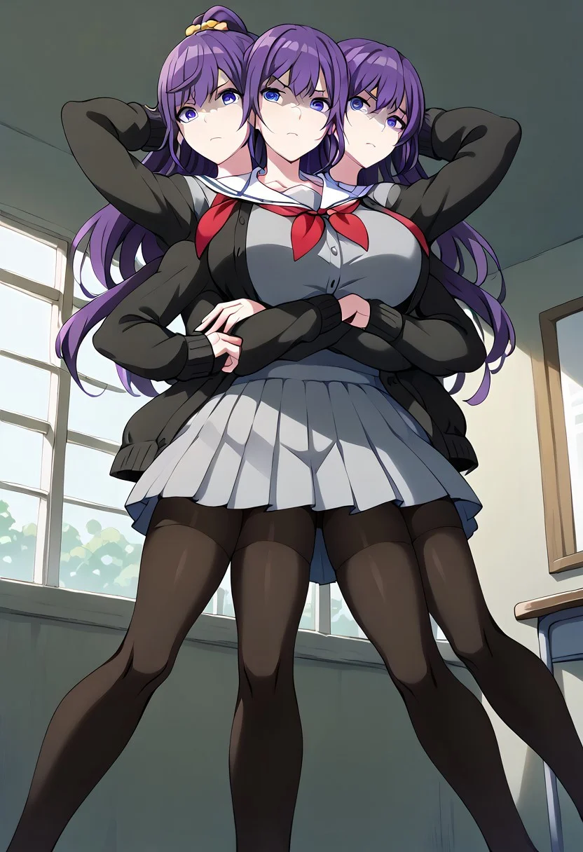score_9, score_8_up, score_7_up, score_6_up, score_5_up, source_anime, masterpiece, best quality, (((Conjoined, two heads, hum4np3d3, 8 arms, multiarm, six legs))), futanari, multibreast, indoors,
asahina_mafuyu, purple hair, purple eyes, blue eyes, gradient eyes, mossy ponytail, long hair, large breasts, official art, school uniform, pleated skirt, large breasts, black cardigan, grey shirt, open cardigan, black pantyhose, sailor collar, serafuku, open clothes, grey skirt, blue eyes, pleated skirt, white sailor collar, red neckerchief, ((black stockings)), standing, very wide waist, thick thighs, looking at viewer, shaded face, disgusted face, arms behind head, arms crossed, arms on waist, angry, indoors, classroom, from below, <lora:StS_detail_slider_v1:4>, <lora:add-detail-xl:0.5>, <lora:hand 4:1>, <lora:feet v3:1>, <lora:twoheads:1>
