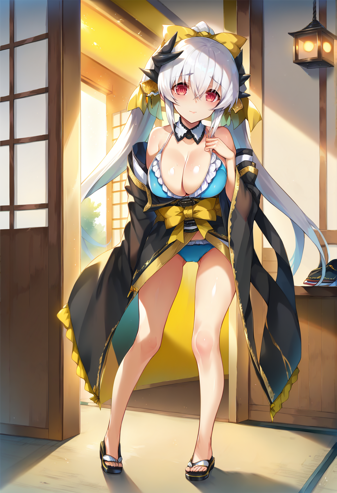 score_9, score_8_up, score_7_up, source_anime BREAK 1girl,  <lora:spfateKiyohimeXLPony:1> kiyola3st, white hair, horns, yellow bow, blue bikini, cleavage, frills, frilled bikini, japanese clothes, black kimono, standing, full body shot, indoors, standing, big breasts <lora:Hisasi-Style-PonyXL-000054:1>