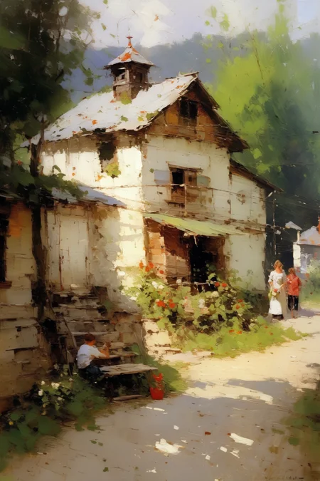 <lora:Konstantin Korovin Style:1>Konstantin Korovin Style - oil painting like Richard Schmid techniques about the small vilage in the summer with alot of details