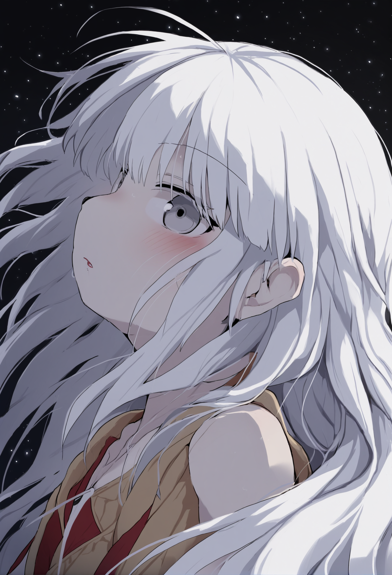 masterpiece, hyper detailed, best quality,(furry:1.3),1girl, solo, white hair, long hair, grey eyes, bangs, black background, parted lips, star \(sky\), upper body  ,<lora:DAGASIXLlokr8f-000188:0.95>