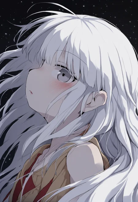 masterpiece, hyper detailed, best quality,(furry:1.3),1girl, solo, white hair, long hair, grey eyes, bangs, black background, parted lips, star \(sky\), upper body ,<lora:DAGASIXLlokr8f-000188:0.95>