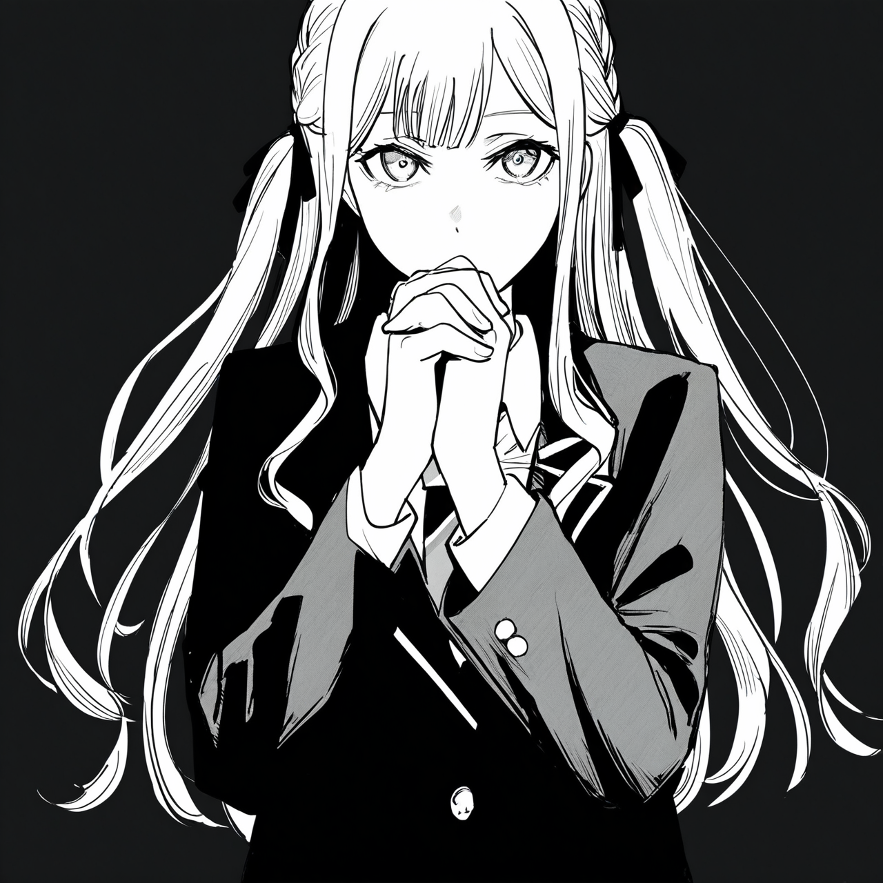 1girl,togawa sakiko,bang dream!,bang dream! it's mygo!!!!!,
clasped hands,
very awa,holding,collared shirt,diagonal-striped clothes,diagonal-striped necktie,necktie,jacket,haneoka school uniform,jacket,long hair,long sleeves,looking at viewer,necktie,school uniform,shirt,sidelocks,solo,striped clothes,black background,white shirt,blazer,two side up,
masterpiece,best quality,amazing quality,very aesthetic,highres,absurdres,<lora:ftstyle-noob05-v2:1>,ftstyle,monochrome,greyscale,solo,
