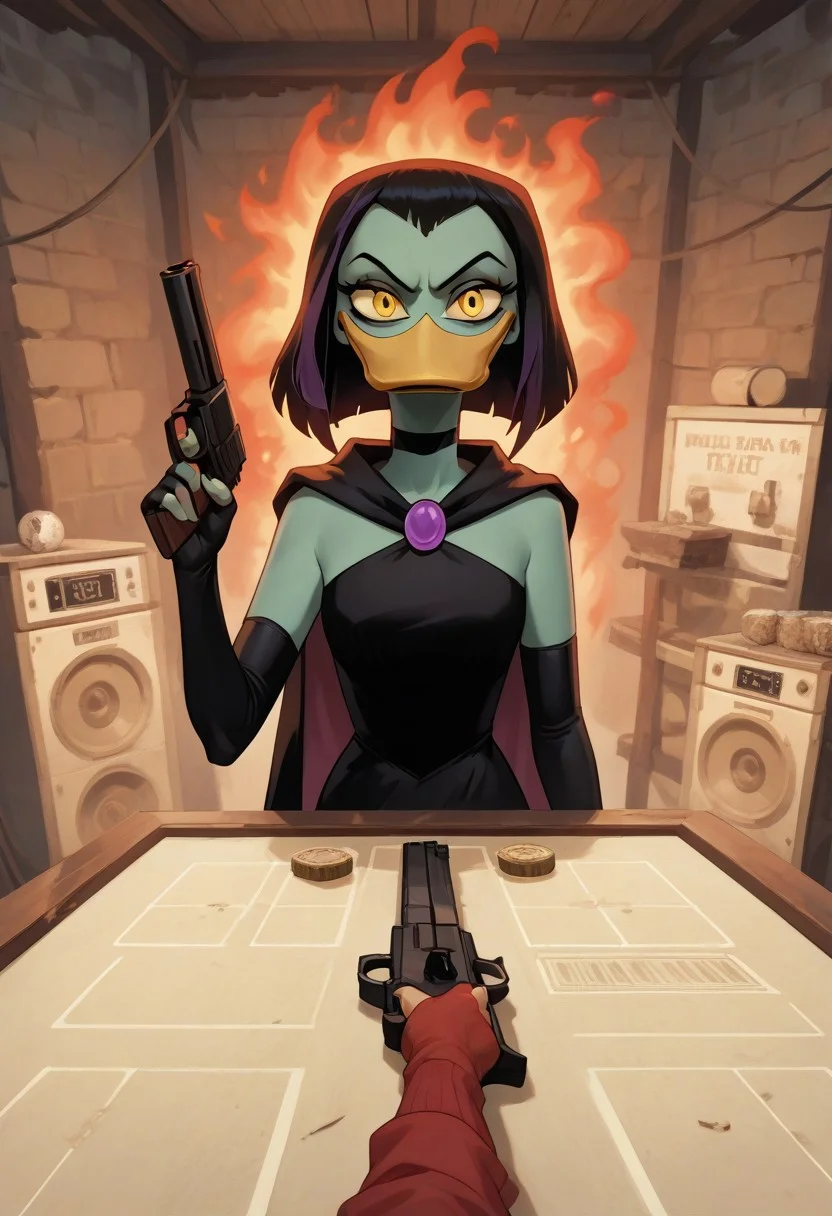 score_9 score_8_up score_7_up score_6_up score_5_up score_4_up, 1girl, buckshot roulette, magica de spell, female, anthro, duck, beak, ducktales, black hair, green skin, yellow eyes, eye bags, eyeliner, elbow gloves, fingerless gloves, cape, black dress, choker, holding a gun, left pistol, aiming at you, aiming at viewer, evil smile, evil eyes, partially covered in shadow, dark aura,