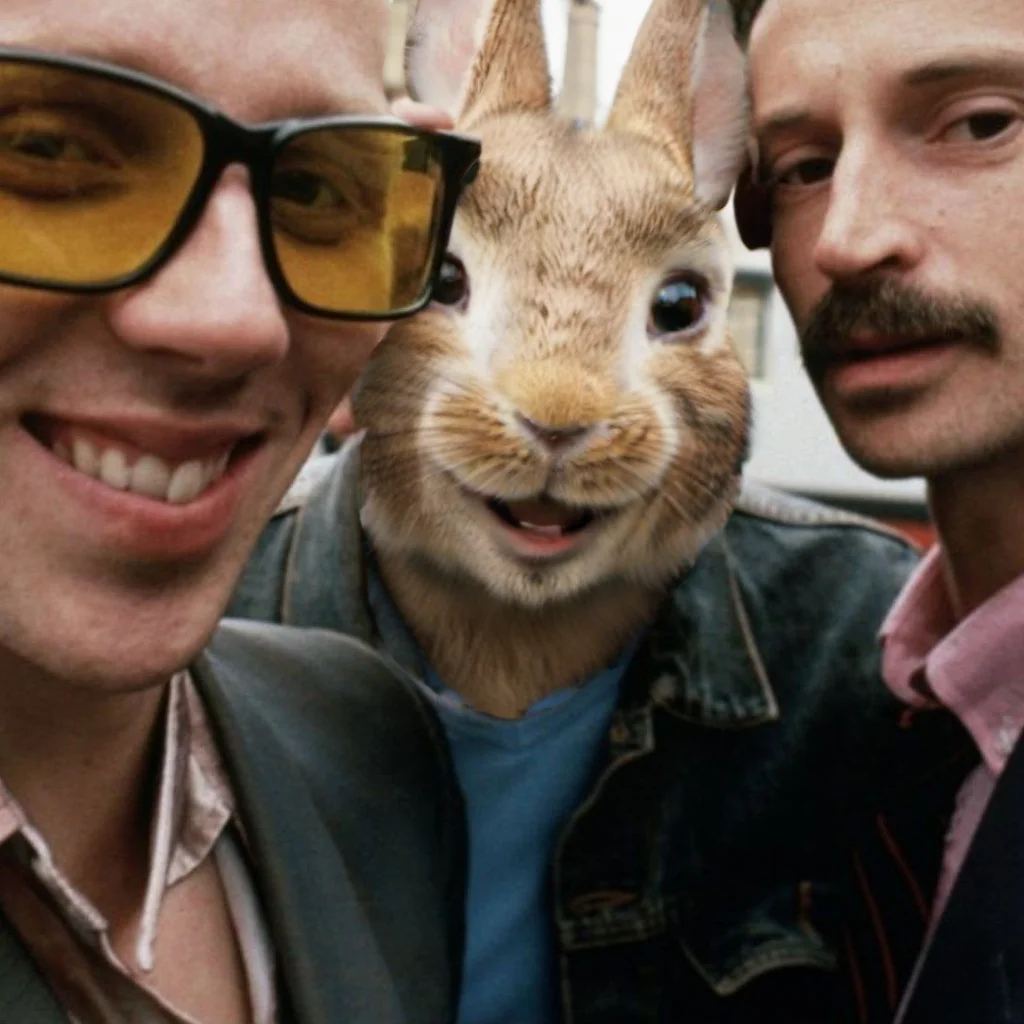 PeterRabbit1024, three rabbits are posing for a picture together with one man wearing sunglasses and the other wearing a pink shirt, Derek Jarman, blur, a screenshot, neo-dada <lora:PeterRabbit1024-000315:0.8>