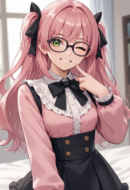 score_4,score_5,score_6,score_7_up,score_8_up,score_9 ((masterpiece,best quality,ultra detailed,highres,HD,4k:1.2)),
Azure Striker Gunvolt(Main),
1 cute girl,solo,girl forcus,solo forcus,
Isola(Normal),long hair,straight hair,pink hair,green eyes,glasses,
black bowtie, black ribbon, bow, bowtie, frilled shirt, frills, jirai kei, long sleeves, neck ribbon, (pink shirt), ribbon,
smile,wink,closed one eye,smile,happy,