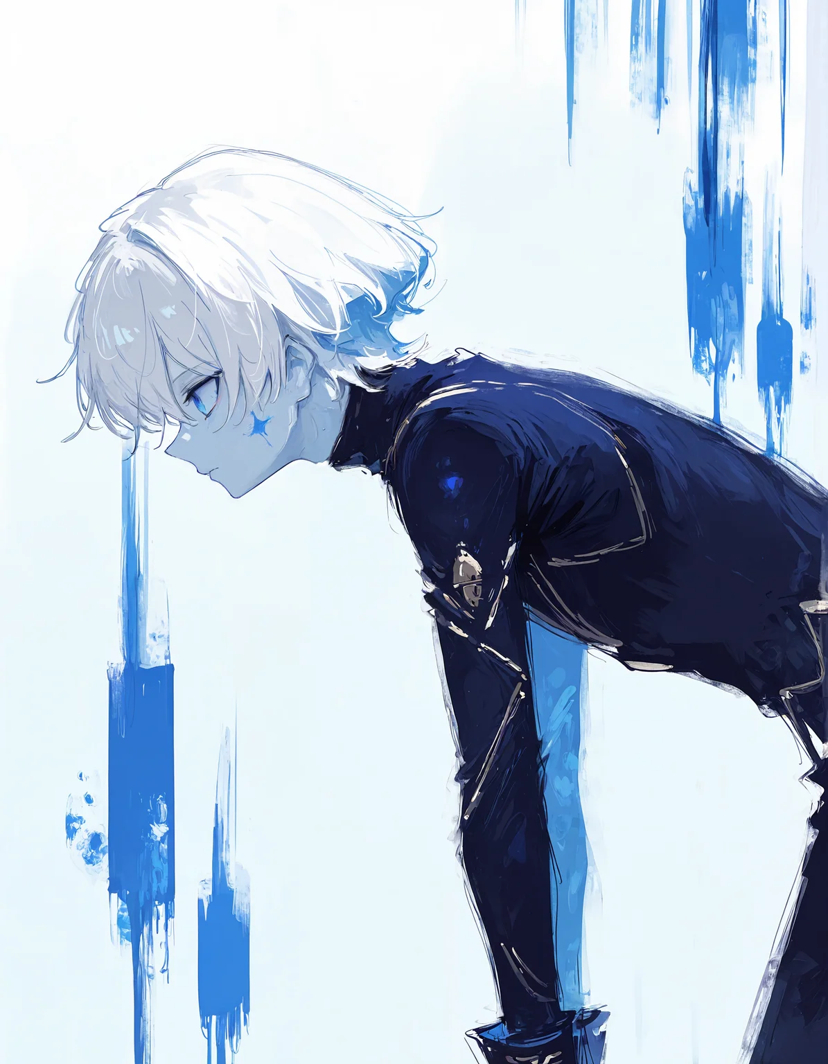 masterpiece, best quality, newest, highres, absurdres, <lora:fuyumur4s4ki_style:1>,fuyumur4s4ki_illu,painting \(medium\), 1boy, male focus, solo, from side, white hair, profile, short hair, upper body, long sleeves, bangs, closed mouth, leaning forward, blue eyes,minimalism, white background, blue theme