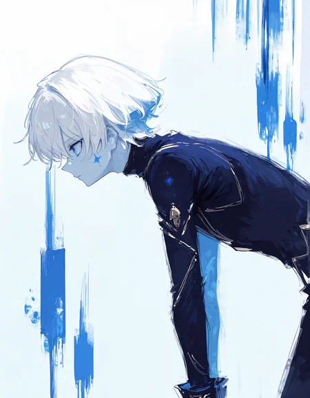 masterpiece,  best quality, newest, highres, absurdres,  <lora:fuyumur4s4ki_style:1>,fuyumur4s4ki_illu,painting \(medium\),  1boy, male focus, solo, from side, white hair, profile, short hair, upper body, long sleeves, bangs, closed mouth, leaning forward, blue eyes,minimalism, white background, blue theme