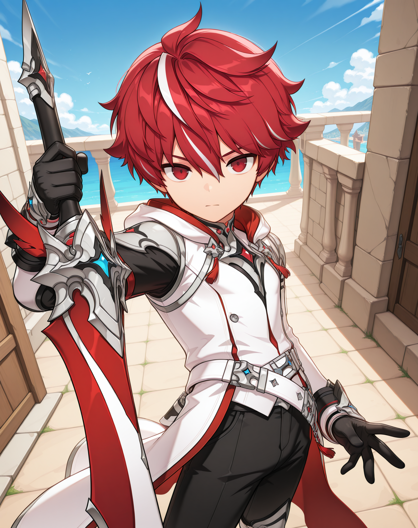 masterpiece, amazing quality, best quality, absurdres, very aesthetic,
1boy, solo, yaoi, male focus, cowboy shot, upper body, looking at viewer, face focus,
<lora:Elsword_Sacred_Templar_ilxl:1> elswordst, red hair, red eyes, multicolored hair, white hair, streaked hair, two-tone hair,
black gloves, white coat, long sleeves, hood down, black pants, armor, belt, boots, white footwear,
holding weapon, holding sword,
outdoors, day, blue sky,