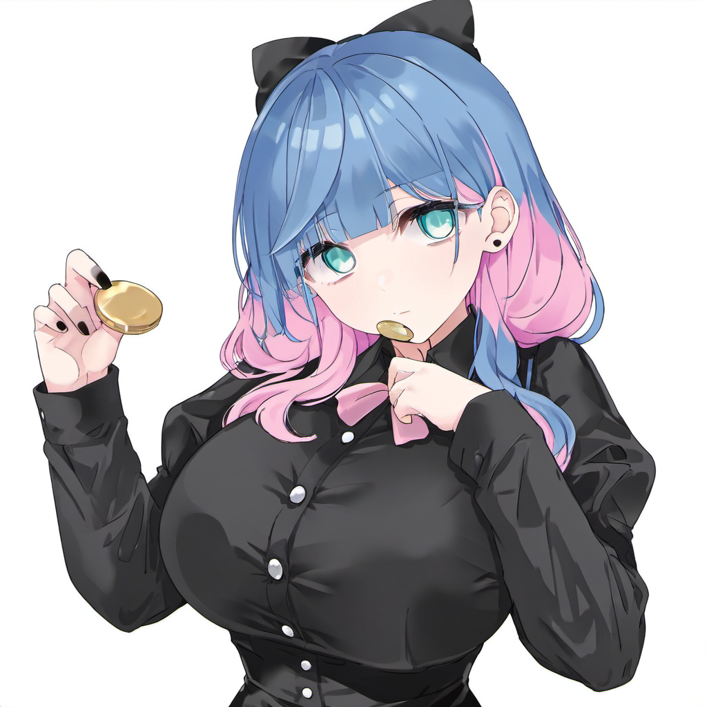 1girl, stocking (psg), huge breast, aqua eyes, black dress, black nails, blue hair, blunt bangs, bow, buttons, cake, cake slice, coin, collared dress, colored inner hair, dress, empty eyes, expressionless, food, hair bow, hands up, head tilt, holding, holding coin, holding food, juliet sleeves, long hair, long sleeves, looking at viewer, multicolored hair, nail polish, pink hair, puffy sleeves, sidelocks, solo, staring, upper body