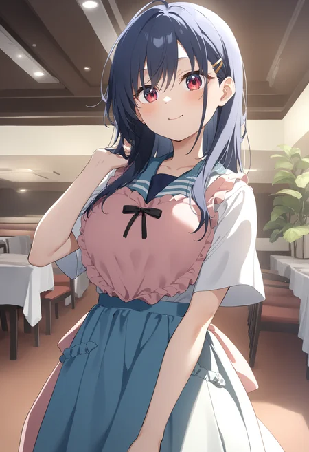 1girl,sincos, ningen mame, toosaka asagi,solo,medium breasts,school uniform,
heart apron,apron, frills, frilled apron, <lora:heartapron_XL_v1:0.6>
ceiling, wide shot, looking to the side, blue hair, red eyes,light smile, hotel, closed mouth, lightly curled inwards hair,,
best quality, very aesthetic, absurdres
