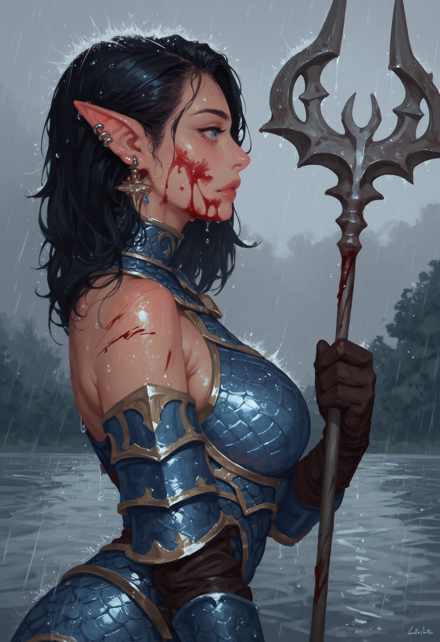 1girl, blood, armor, weapon, solo, blood on face, holding trident, holding weapon, black hair, profile, holding sword, ear piercing, , gloves, from side, piercing, , , jewelry, earrings, blue eyes, closed mouth, blurry background, , blurry, artist name, lips, , chainmail, eyelashes, medium hair, blue theme, dripping, cuts, , raining , horizon, depth of field, large breasts, trident, ocean, , storm, lightning, partially submerged, cloudy sky,  scalemail, (scales:1.2), blue armor, wet hair pointy ears, bare shoulders,, zPDXL3, detailxl,  Score_PnyReal, (lineless:1.5)