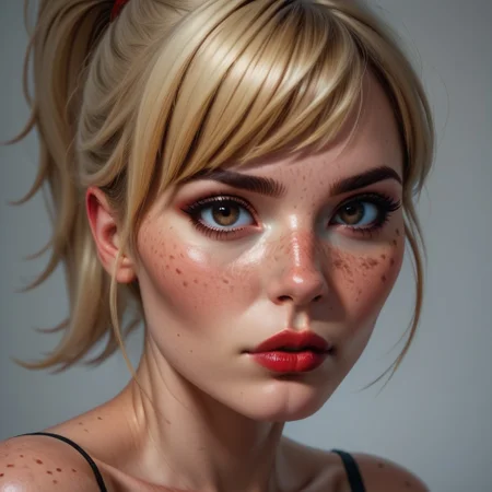 score_9, score_8_up, score_7_up, score_6_up, score_5_up, score_4_up, 1girl, solo, 21yo, freckles, red-burgundy pronounced lips, beautiful eyes, deep brown eyes, blonde hair ponytail, swept bangs, medium 34D breasts