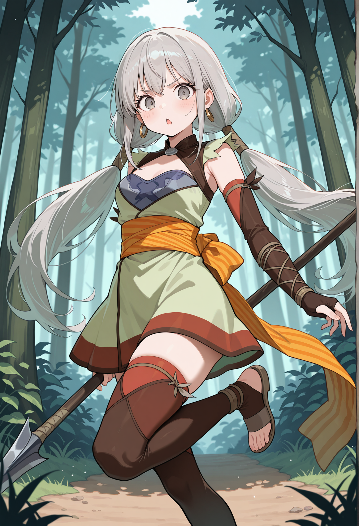 1girl, long hair, low twintails, grey hair, grey eyes, hoop earrings, short dress, detached sleeves, fingerless gloves, sash, thighhighs, toeless legwear, sandals, outdoors, forest, serious, chestnut mouth, holding spear, on one leg, dynamic pose,  looking at viewer, <lora:Marica_tierkreis_illus:1>, masterpiece, best quality, amazing quality, very aesthetic, absurdres, highres, newest