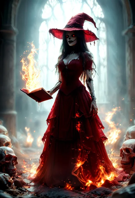 An undead necromancer woman skeleton wearing an wearing reij-rosie, red dress and hat standing a gothic laboratory in full body view, holds a magic book glow with a bluish flame. The woman looks at the cauldron with an evil smile, surrounded by glowing green flames, trapped glowing luminous fae creatures in jars, in dark fantasy style, fantasy concept art, dramatic lighting, cinematic, hyper realistic, sharp focus, ultra high resolution, sharp details, vibrant colors, CyberRealistic_Negative_PONY, masterpiece, best quality, highly detailed, sharp focus, dynamic lighting,HKMagic,novuschroma60 style bokeh