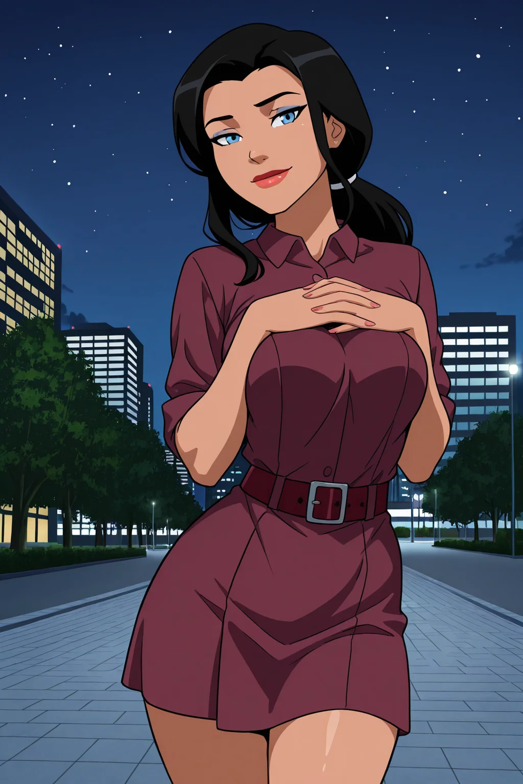 ((parody), perfect anatomy, perfect eyes, cowboy shot) BREAK <lora:ZatannaYJIL:1> zatanna zatara, black hair, long hair, blue eyes, lipstick, sultry eyes, sultry face, flirty smile, ((looking at viewer)), ponytail, casual, maroon shirt, collared shirt, shirt dress, sash belt, maroon sash, model pose, hands clasped together, arms down, arms squeezing breasts together, showing off body, leaning towards viewer, teasing viewer, city park, night, outdoors