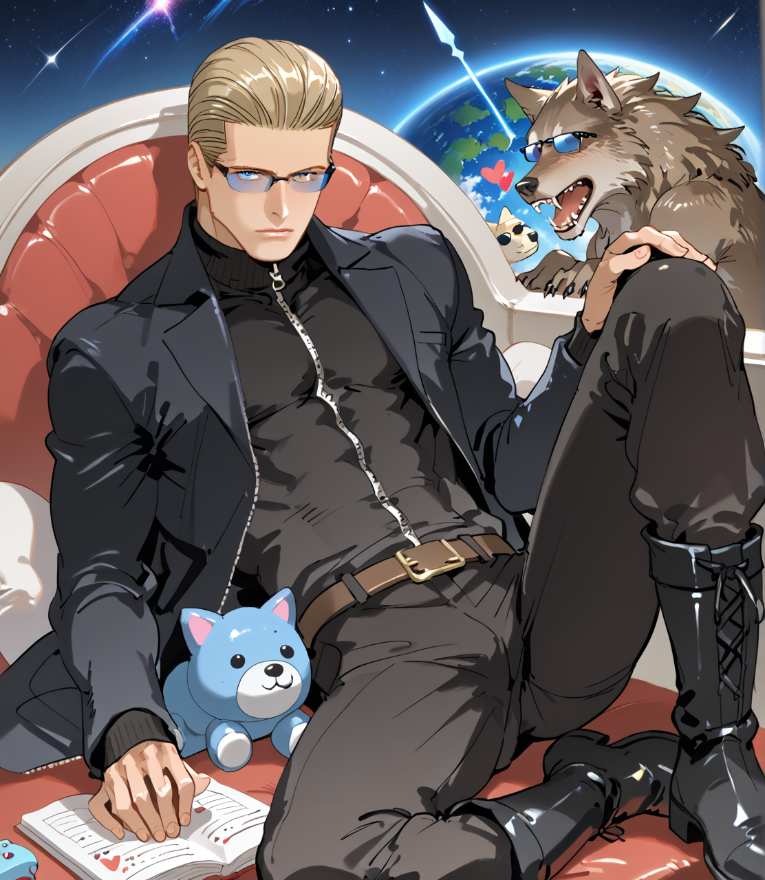 PonyScores7, source_anime, ah1, <lora:natsumi_style:1> BREAK <lora:albertwesker-guy-PONYv1:0.8> albertwesker, albert wesker, 1boy, blonde, black gloves, (sunglasses:1.3), belt, black coat, black pants, looking at viewer, toned, athletic, fit, slicked back hair, black turtleneck, zipper, mature male, short hair, black boots, (werewolf liberator, in enchanted gear with a silver spear and a heart of gold), (orphanage Playroom, Colorful space with toys strewn across the floor, small-sized tables and chairs, bright murals decorating the walls, large bean bags for lounging, and shelves stocked with art supplies), ((Hand holding a heart expression)), (focused, intense glare), blue eyes, (angular face, sharp_featured face), handsome, charming, alluring, BREAK <lora:xl_more_art-full_v1:0.2>, <lora:shinyskin2:0.2> glistening skin, <lora:aesthetic_anime_v1s:0.2>, <lora:Expressive_H:0.2> Expressiveh, <lora:hairdetailpxl:0.2> hairdetailpxl, <lora:EpicF4nta5yXL:0.2>, <lora:detailxl:0.2> detailxl, <lora:Fant5yP0ny:0.2>, best quality, amazing quality, best aesthetic, absurdres, <lora:expressive eyes:0.2> expressive eyes, <lora:eyedetailpxl:0.2> eyedetailpxl, illustration, Volumetric_Lighting, ultra-detailed, very aesthetic, intricate details, 8k, masterpiece, best_quality, BREAK (Astro Photography shot), BREAK <lora:Eyes_High_Definition:0.3> EyesHD, Stable_Yogis_PDXL_Positives, AS-Adult, <lora:Complicated fantasy portrait - XL Pony V2.0:0.4>, bad-hands-5, AS-MidAged,