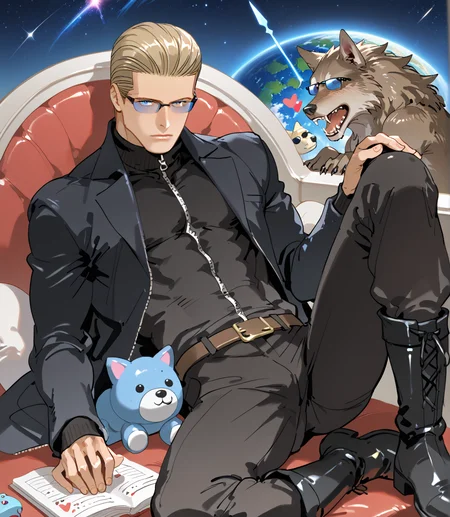 PonyScores7, source_anime, ah1, <lora:natsumi_style:1> BREAK <lora:albertwesker-guy-PONYv1:0.8> albertwesker, albert wesker, 1boy, blonde, black gloves, (sunglasses:1.3), belt, black coat, black pants, looking at viewer, toned, athletic, fit, slicked back hair, black turtleneck, zipper, mature male, short hair, black boots, (werewolf liberator, in enchanted gear with a silver spear and a heart of gold), (orphanage Playroom, Colorful space with toys strewn across the floor, small-sized tables and chairs, bright murals decorating the walls, large bean bags for lounging, and shelves stocked with art supplies), ((Hand holding a heart expression)), (focused, intense glare), blue eyes, (angular face, sharp_featured face), handsome, charming, alluring, BREAK <lora:xl_more_art-full_v1:0.2>, <lora:shinyskin2:0.2> glistening skin, <lora:aesthetic_anime_v1s:0.2>, <lora:Expressive_H:0.2> Expressiveh, <lora:hairdetailpxl:0.2> hairdetailpxl, <lora:EpicF4nta5yXL:0.2>, <lora:detailxl:0.2> detailxl, <lora:Fant5yP0ny:0.2>, best quality, amazing quality, best aesthetic, absurdres, <lora:expressive eyes:0.2> expressive eyes, <lora:eyedetailpxl:0.2> eyedetailpxl, illustration, Volumetric_Lighting, ultra-detailed, very aesthetic, intricate details, 8k, masterpiece, best_quality, BREAK (Astro Photography shot), BREAK <lora:Eyes_High_Definition:0.3> EyesHD, Stable_Yogis_PDXL_Positives, AS-Adult, <lora:Complicated fantasy portrait - XL Pony V2.0:0.4>, bad-hands-5, AS-MidAged,