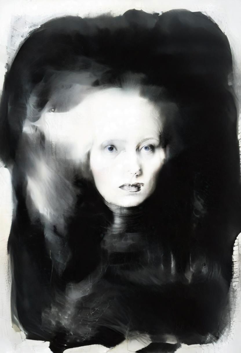 Monochrome black and white, Dali, Magritte, Delvaux, Bellmer, Malevitch, Rodchenko, Mondrian, Kandinsky, Popovna, psychedelic hallucination, pop surrealism, rough crosshatch drawing pop art Lunatic_Portrait of a young woman in latex Avant-garde Fashion page, slick back, low bun, black makeup, sinister expression, intense glare, avant-garde, abstract, weird, geometric, constructivism, suprematism, rayonism, verticism, lineism, tj