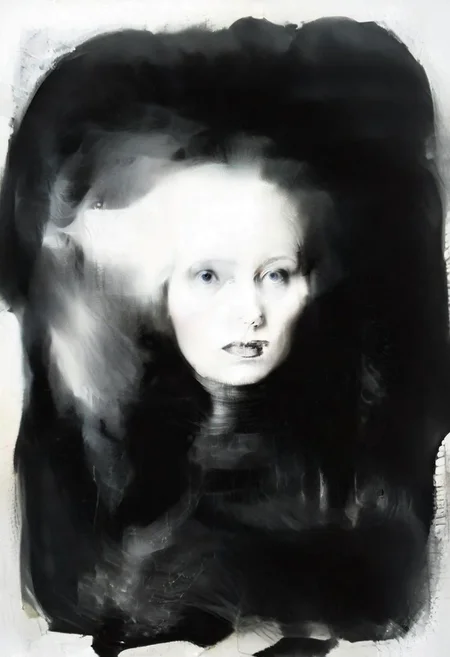 Monochrome black and white, Dali, Magritte, Delvaux, Bellmer, Malevitch, Rodchenko, Mondrian, Kandinsky, Popovna, psychedelic hallucination, pop surrealism, rough crosshatch drawing pop art Lunatic_Portrait of a young woman in latex Avant-garde Fashion page, slick back, low bun, black makeup, sinister expression, intense glare, avant-garde, abstract, weird, geometric, constructivism, suprematism, rayonism, verticism, lineism, tj